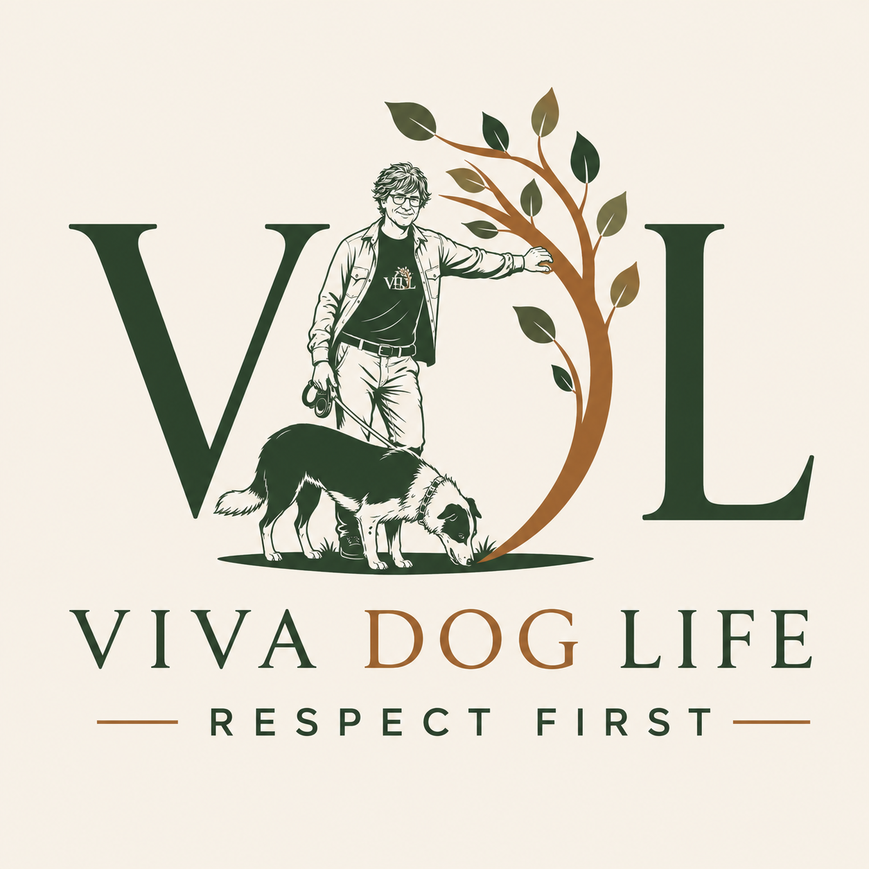 Viva Dog Life logo featuring a trainer, two dogs, and a tree within the VDL monogram